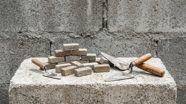 Construction materials and masonry tools arranged on a concrete surface with a rough wall background