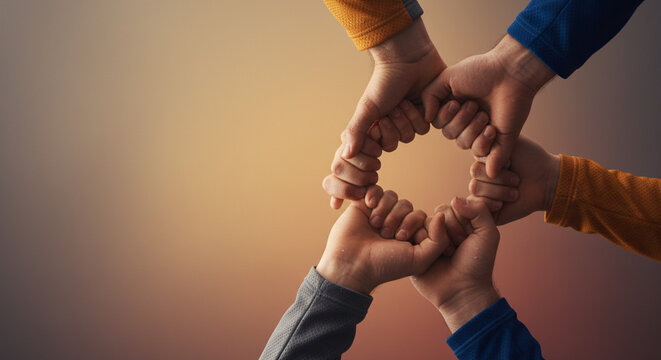 Teamwork and Unity Four Hands Fist Bump Together Forming a Circle Symbolizing Collaboration and Connection in Business and Life