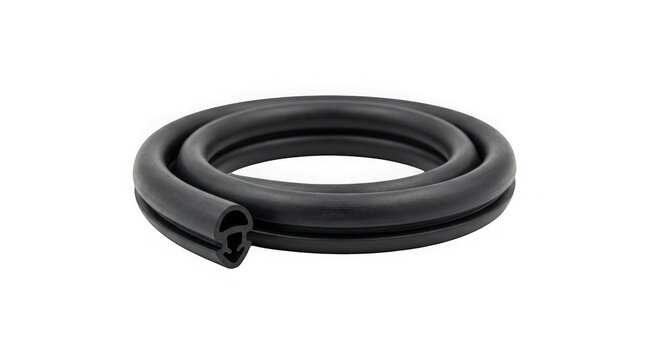 A tightly coiled black rubber seal featuring a distinctive u shaped profile is shown isolated on a clear transparent background
