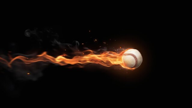 A baseball is flying through the air with flames trailing behind it.