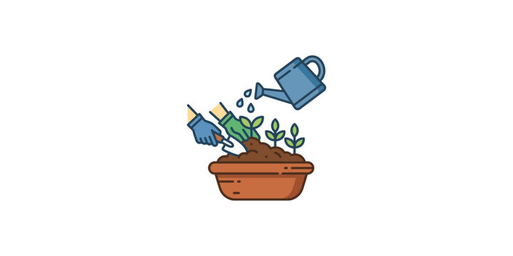 Illustration of a person gardening in a clay pot with a watering can.