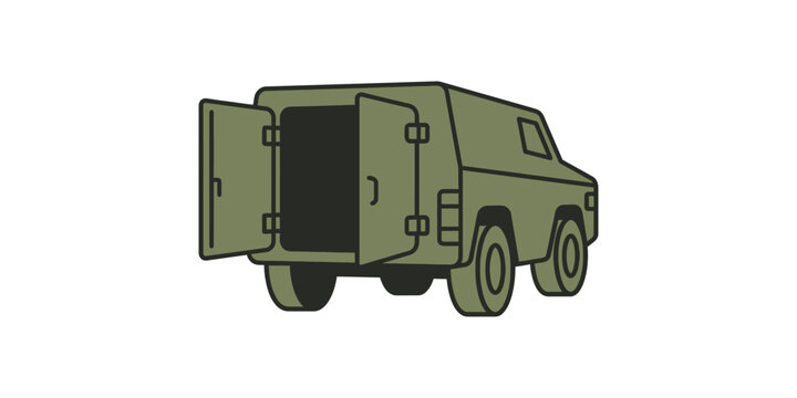 Illustration of an army green tactical vehicle with open rear doors.