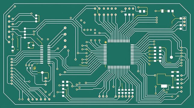 Green electronic circuit board with processor chip and thin lines