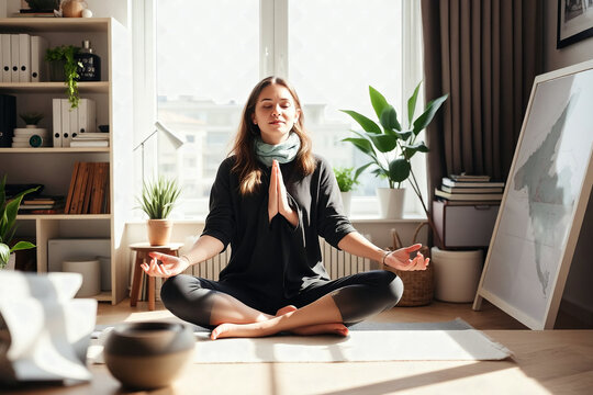 Young employee business woman hold spreading hands in yoga om try to calm down