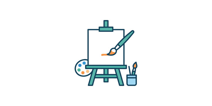 Illustration of an artists easel with canvas paint brush and palette.