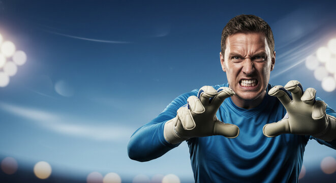 Aggressive soccer goalkeeper in blue uniform with white gloves ready to make a save with intense facial expression and stadium lights in background