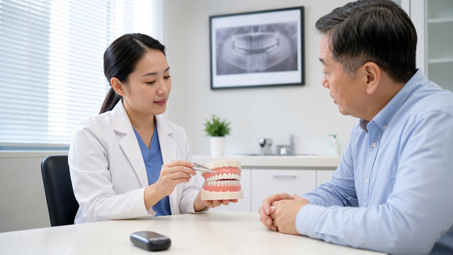 Dentist counseling patient about gum health with dental model on table. Dentist explains importance of oral hygiene while discussing gum care with patient in bright healthcare office.