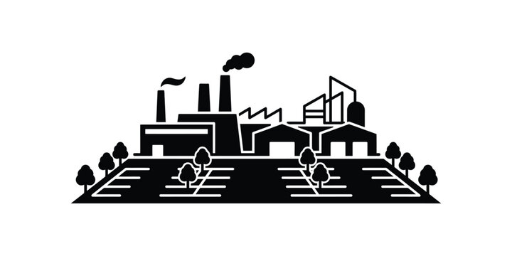 Industrial factory complex with parking lot silhouette icon.