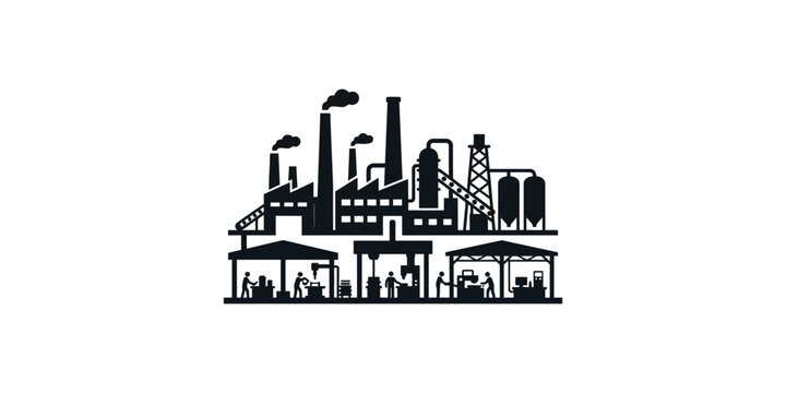 Industrial manufacturing plant silhouette with factory workers and processing equipment.
