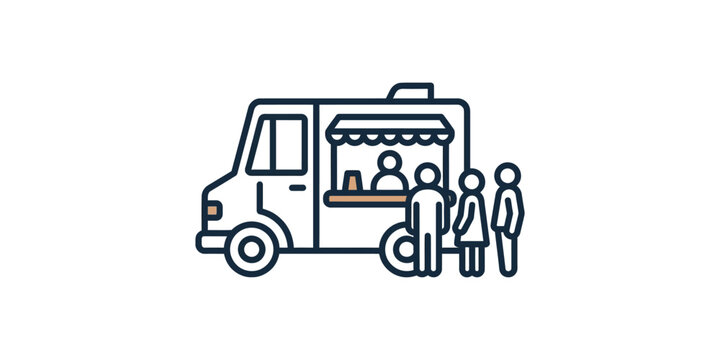 Line art illustration of a food truck with a queue of customers waiting.