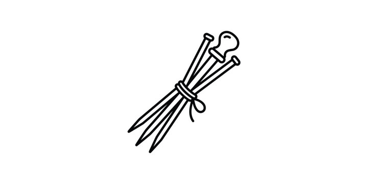 Line art illustration of a set of knitting needles tied together.