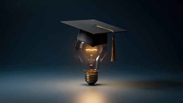 A lightbulb wearing a graduation cap represents innovative learning and intellectual growth.