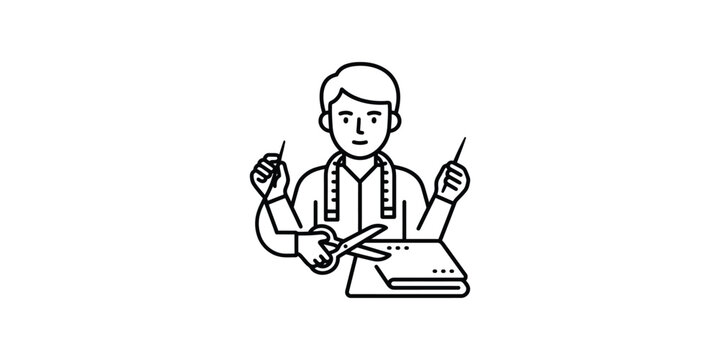 Line art illustration of a tailor working with needle and scissors.
