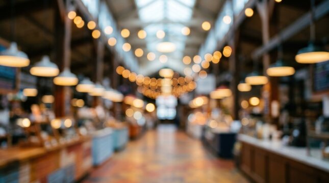 Blurred interior of an empty indoor market hall with warm decorative string lights and bokeh background, perfect for a modern restaurant, food court, or cozy cafe retail concept backdrop.