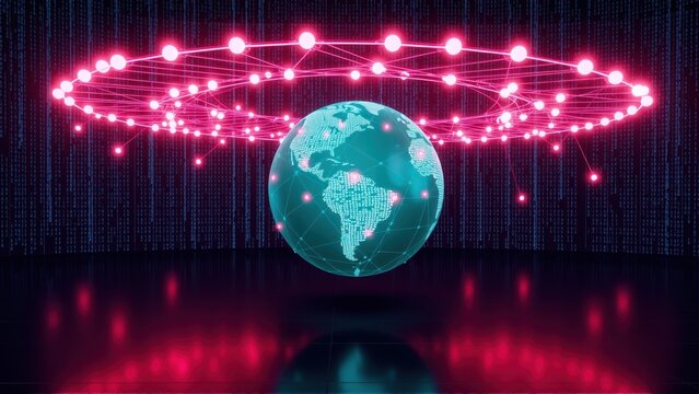 Glowing globe suspended, encircled by pink digital network. Dark background suggests technology, connectivity, global data streams.