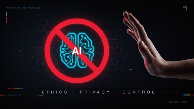 A hand reaching out to stop artificial intelligence with ethics and privacy concerns