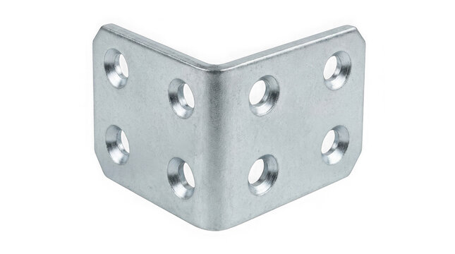 Shiny silver metal right angle corner brace with many holes designed for secure fastening isolated on a clear transparent background
