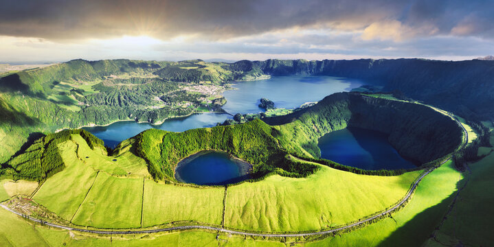 Panoramic view of the lakes of Sete Cidades, Azores, Portugal in a beautiful evening atmosphere