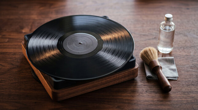 Vinyl Record Cleaning Setup on Dark Wood