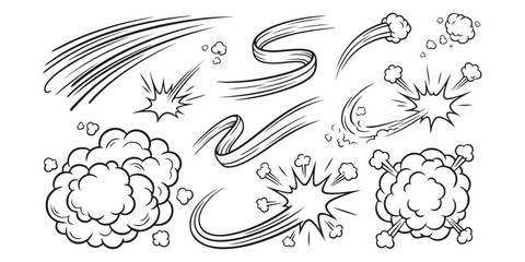 Set of comic book action elements with speed lines and explosions in hand drawn style ©  creative  marlia