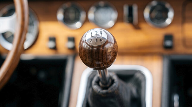 Retro car gear shift knob with wooden design and chrome accents in classic vehicle interior. Car gear shift knob showcases fine craftsmanship and vintage style elements.