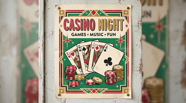 Retro casino poster featuring playing cards and chips in vibrant colors. Casino night invitation highlights games, music, and fun with stylish design elements.
