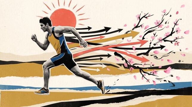 Runner Moving Forward through Blossoms and Directional Arrows. AI generative
