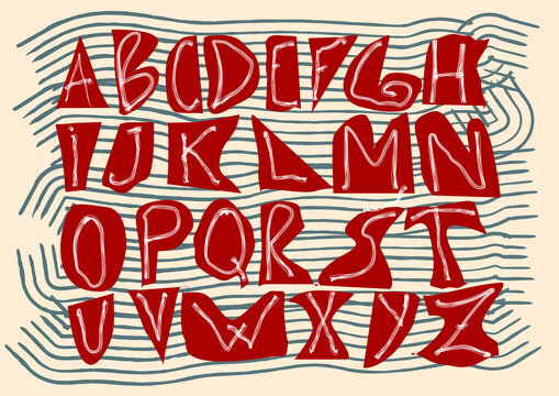 Hand-drawn red alphabet letters illustration on lined background