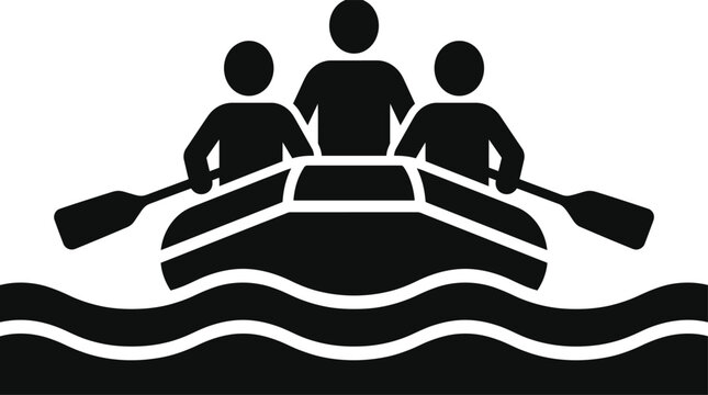Rafting icon vector silhouette, white water rafting team boat graphic, rowing sport watercraft symbol for outdoor adventure design
