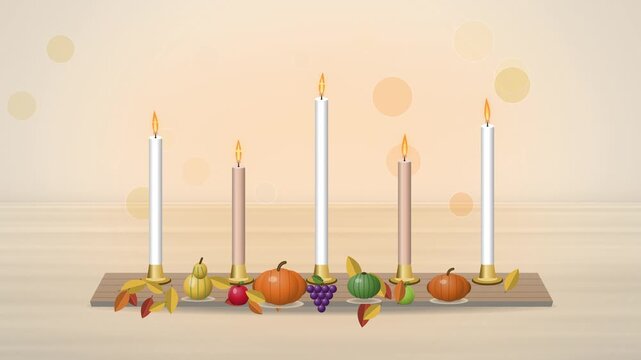 Thanksgiving taper candles lighting among gourds and autumn leaves