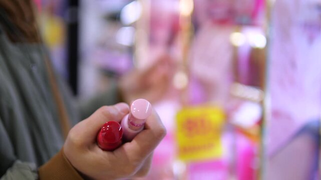 Shopper compares two lipstick tubes in cosmetics store, holding red and pink shades together. Customer considers color options at beauty counter, making careful makeup purchase decision.