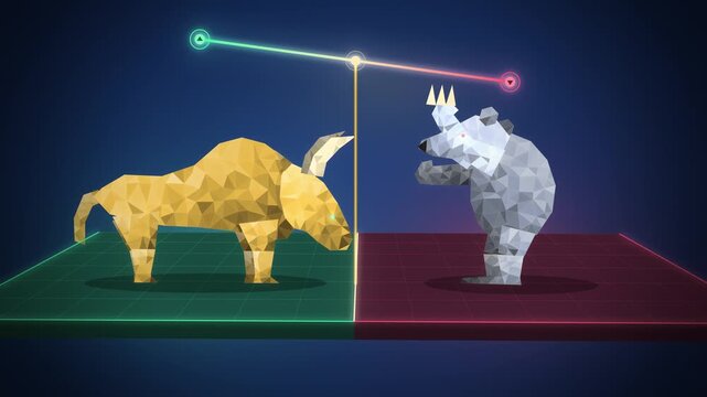 Gold bull and silver bear face off on split stage with balance beam
