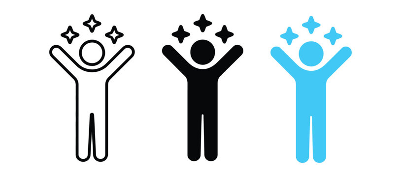 Successful person icon set, happy human figures with raised hands and shining stars, outline and solid vector illustrations for achievement.