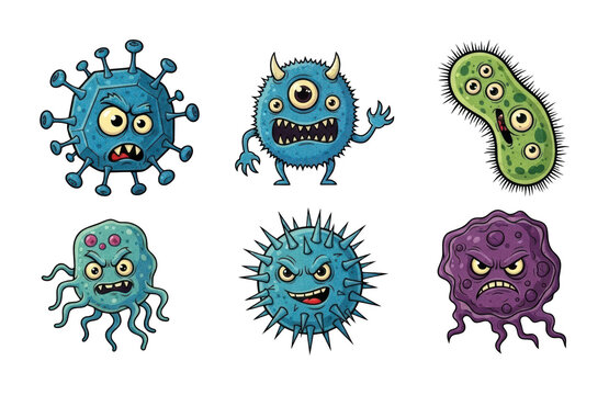 A collection of six vibrant cartoon germ and monster characters with diverse expressions, isolated transparent graphic asset for children's educational content