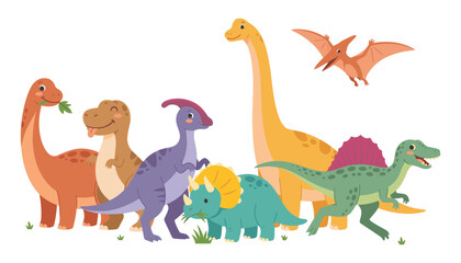 Cute cartoon dinosaur character collection flat vector illustration set featuring friendly prehistoric animals isolated on a white background © abul Islam