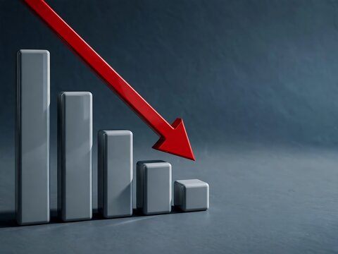 A 3D rendered bar chart showing a downward trend with grey rectangular columns and a large red arrow pointing diagonally downwards against a dark grey textured background surface