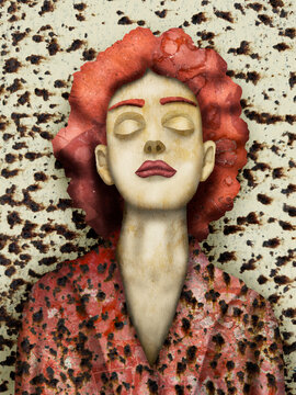 Digital collage illustrates a resting woman with red hair