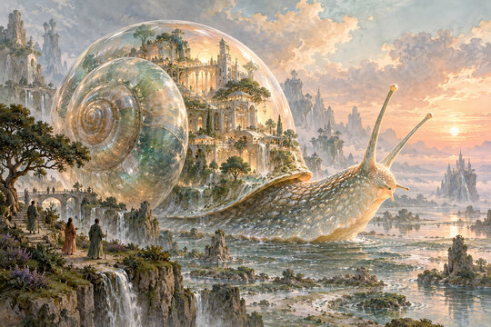 A vast moon snail carries a quiet city inside its translucent spiral shell. A fantasy and science fiction digital illustration painting with expressive brushwork, luminous light and an imagined world.