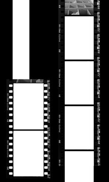 Vertical 35mm film strip mockup template with multiple empty photo frames on space background.