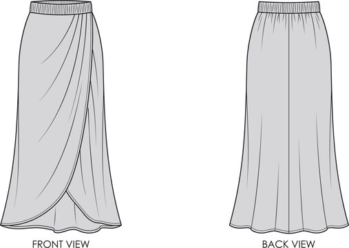 Women elastic waist drape tulip maxi skirt technical fashion sketch vector illustration.
