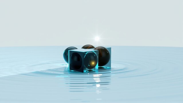 Cube rests upon water surface. Spheres surround structure. Light source creates ripples, reflections. Minimalist composition. Futuristic design.