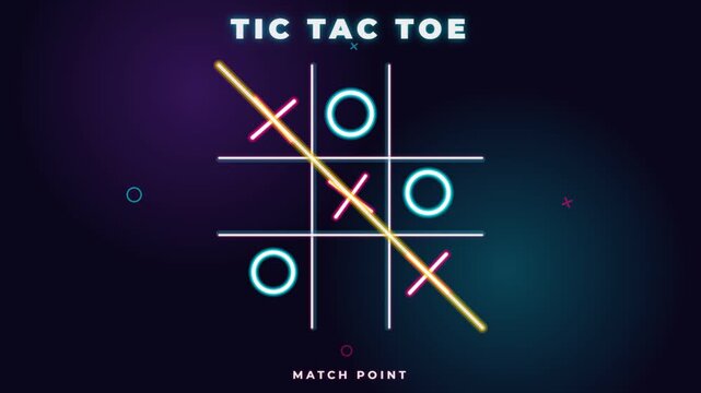 Glowing neon tic tac toe game board animation with winning line
