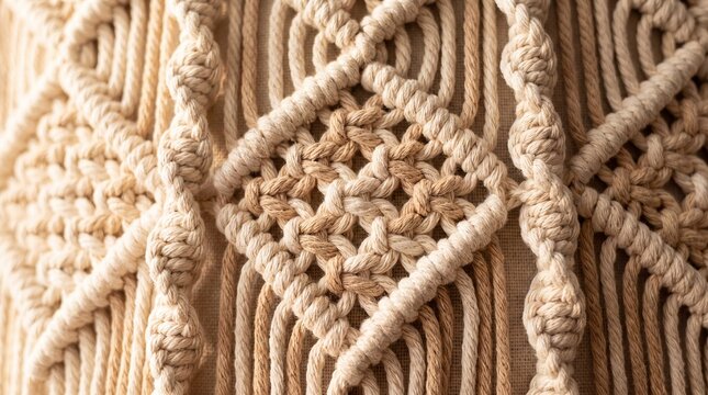 Close Up Texture of Cream Cotton Macrame Rope Knots