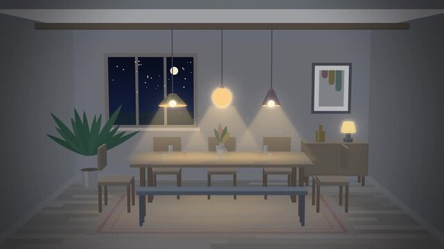 Dining room pendant lamps switching on at dusk with night window