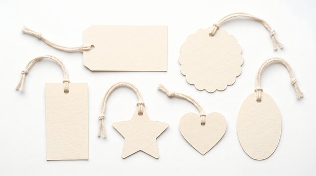 Set of Six Blank Kraft Paper Tags with Strings for Gift Wrapping and DIY Craft Projects on White Background