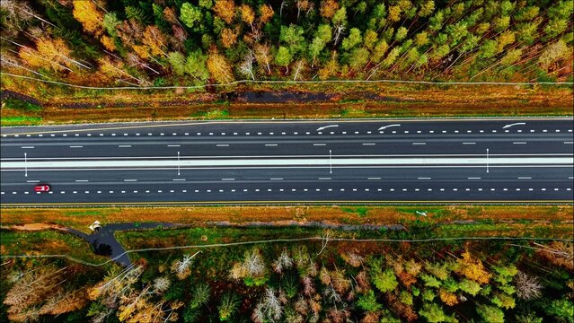 Aerial view of a highway bordered by autumn trees displaying vibrant colors and textures