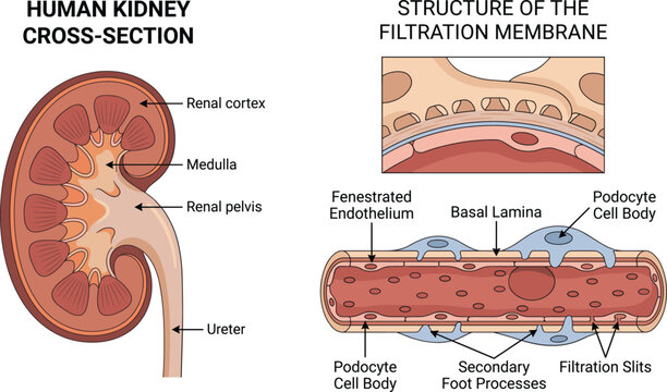 Human kidney cross section and glomerular filtration membrane structure, nephrology vector infographic illustration