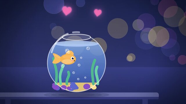Close up goldfish bowl with bubbles on blue bokeh seamless loop