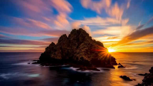 Rocky sea stack surrounded by flowing ocean waves as clouds shift from bright blue daylight to a dramatic sunset over coastal waters