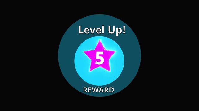 Minimalist gaming level up! icon symbolizing progression and achievements,  featuring reward 5 'level up' alert. Neon game complete screen interface with mission reward. 4k video